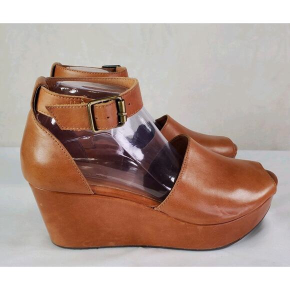 Chocolat Blu Womens Sz 10 Wawa Wedge Sandals Brown Leather Peep Toe Buckle - Picture 5 of 10